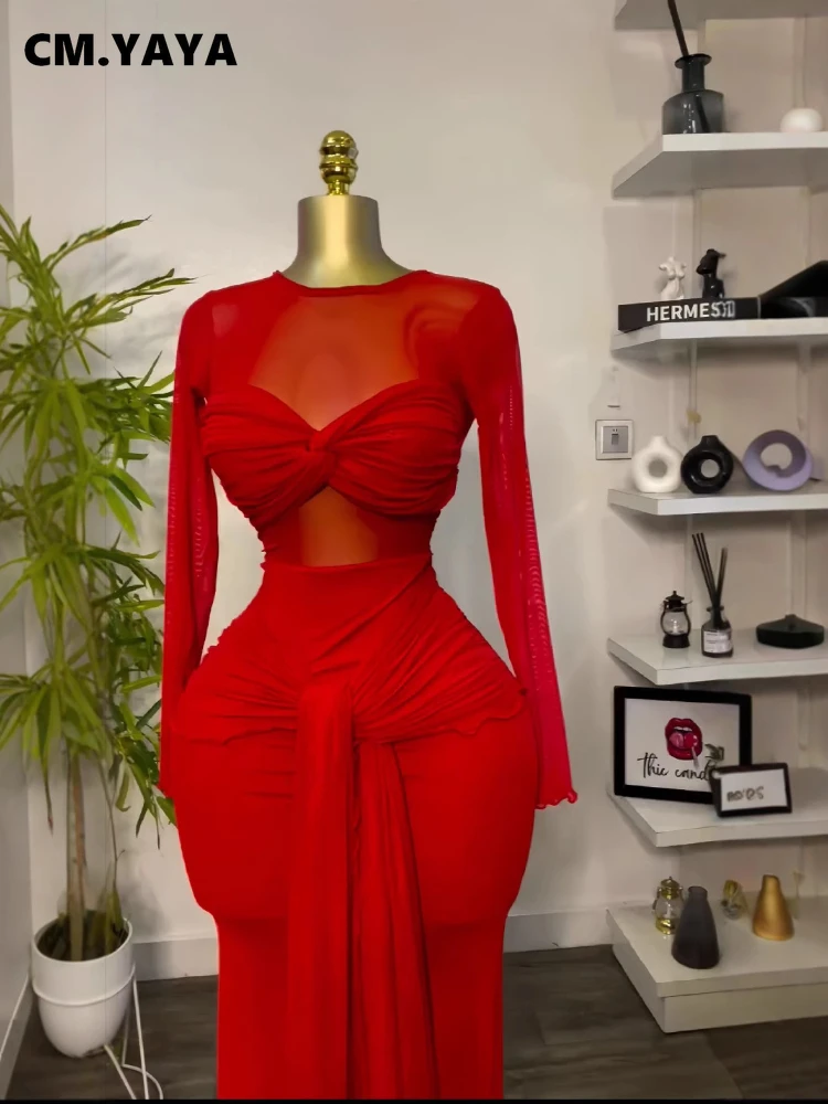 CM.YAYA Women Mesh See Though Long Sleeve Maxi Bowknot Long Dress 2025 Evening Sexy Club Party Evening High Street Dresses CM.YAYA Women Mesh See Though Long Sleeve Maxi Bowknot Long Dress 2025 Evening Sexy Club Party Evening High Street Dresses