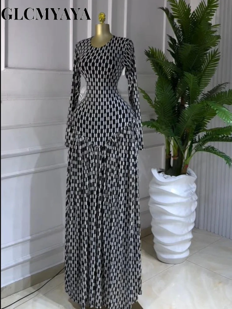 CM.YAYA Women Plaid Round Neckline Long Sleeve Fit and Flare Long Maxi Dress 2025 Even Party Education Vacation Dresses Vestidos