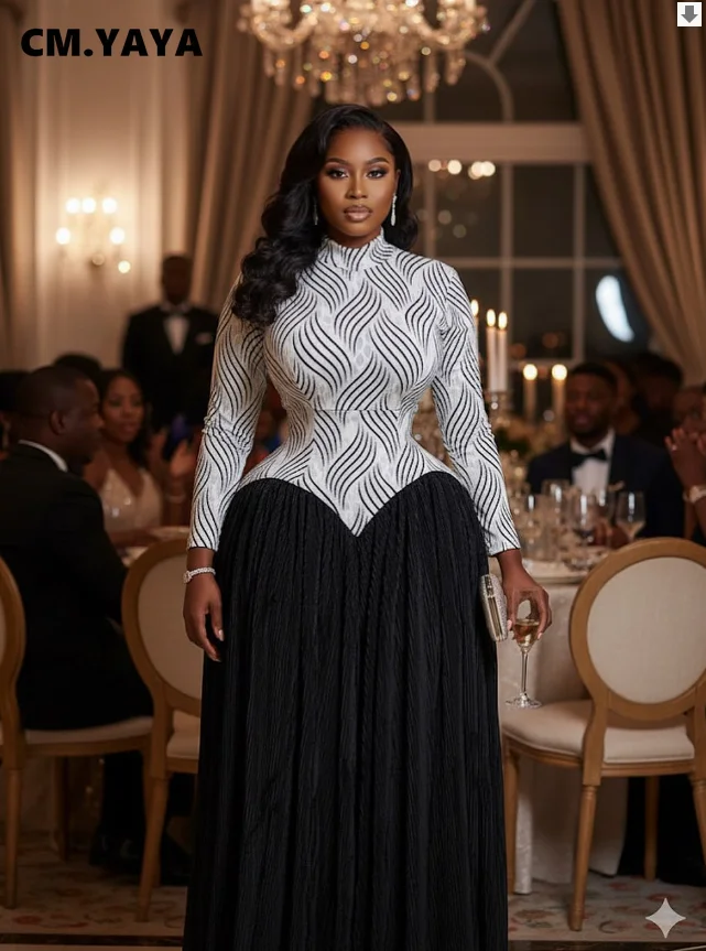 CM.YAYA Women V-neck Long Sleeve Big Swing Striped Print Long Dress 2026 Sexy Parties Evening Vacation Long Dresses Vestidos CM.YAYA Women V-neck Long Sleeve Big Swing Striped Print Long Dress 2026 Sexy Parties Evening Vacation Long Dresses Vestidos