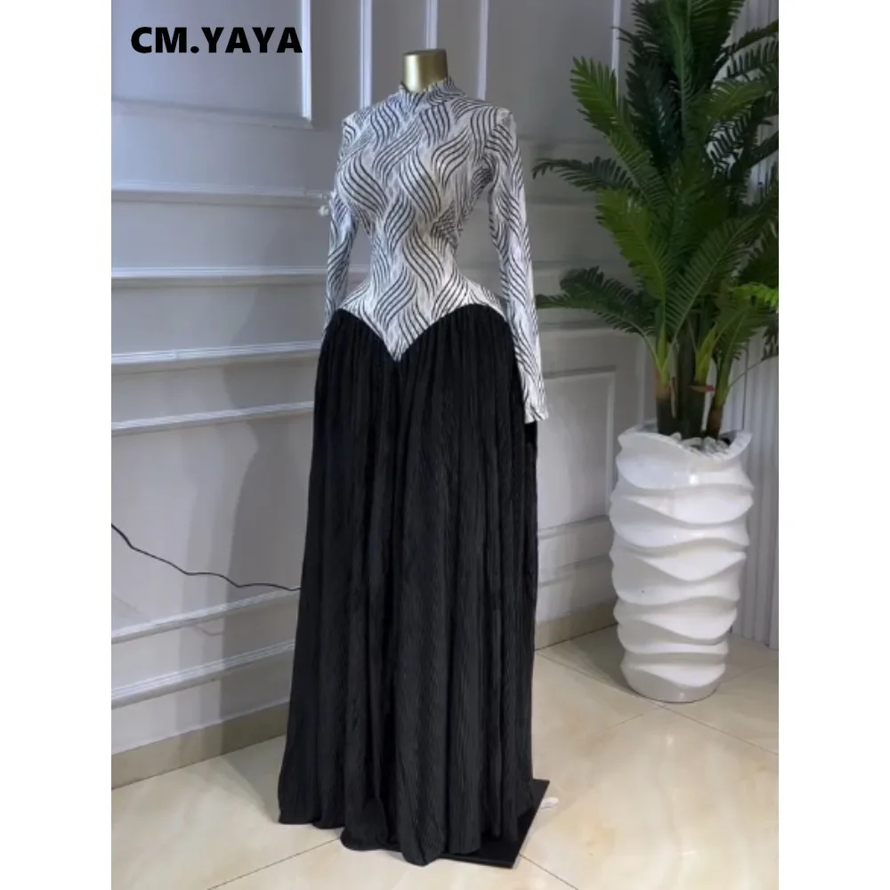 CM.YAYA Women V-neck Long Sleeve Big Swing Striped Print Long Dress 2026 Sexy Parties Evening Vacation Long Dresses Vestidos