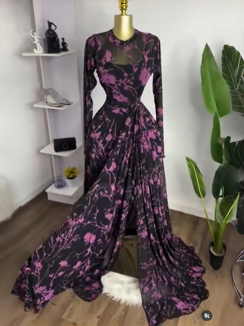 GLCMYAYA Women Long Sleeve Floral O-neck High Split Big Swing A-line Maxi Dress 2026 Birthday Vacation Trendy Dresses Vestidos GLCMYAYA Women Long Sleeve Floral O-neck High Split Big Swing A-line Maxi Dress 2026 Birthday Vacation Trendy Dresses Vestidos