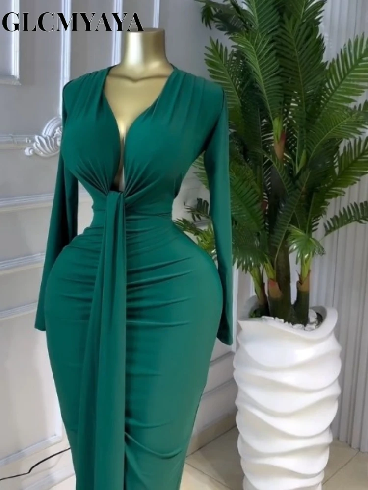 GLCMYAYA Women Long Sleeve Bowknot Deep V-neck Bodycon Midi Maxi Dress 2026 Birthday Holiday Party Trendy Long Dresses Vestidos GLCMYAYA Women Long Sleeve Bowknot Deep V-neck Bodycon Midi Maxi Dress 2026 Birthday Holiday Party Trendy Long Dresses Vestidos