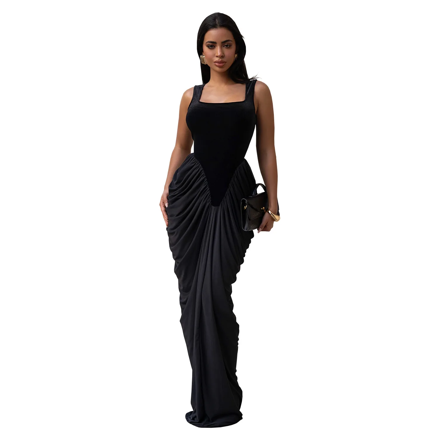 GLCMYAYA Women Velvet Stacked Ruched Sleeveless Bodycon Long Maxi Dresses 2026 Fall Party Trendy Birthday Evening Dress Vestidos