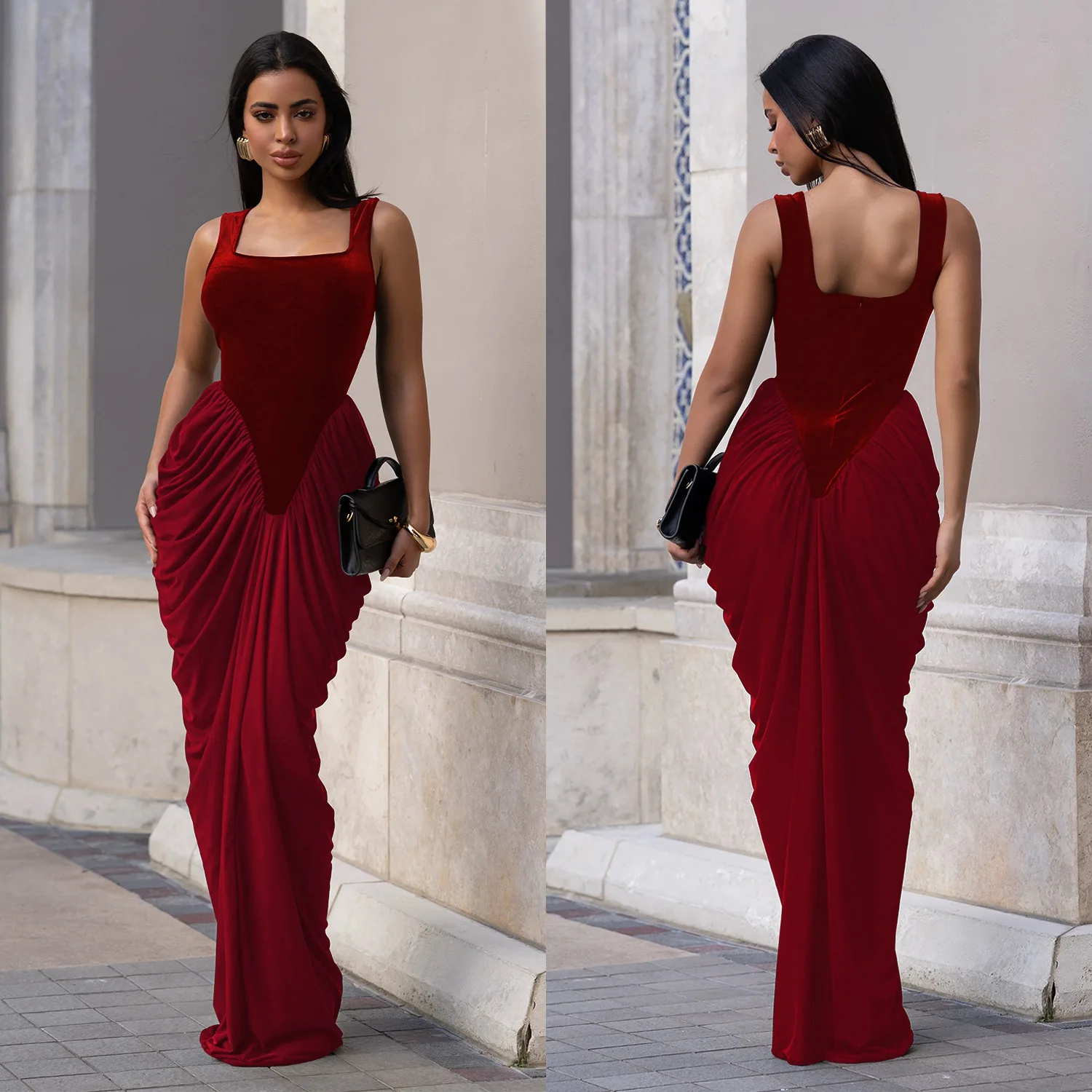 GLCMYAYA Women Velvet Stacked Ruched Sleeveless Bodycon Long Maxi Dresses 2026 Fall Party Trendy Birthday Evening Dress Vestidos