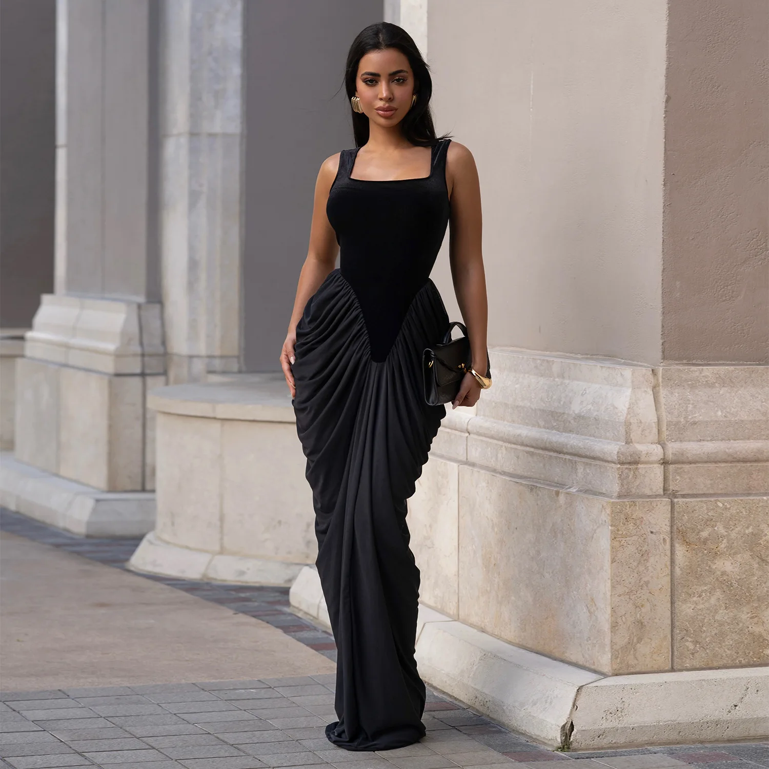 GLCMYAYA Women Velvet Stacked Ruched Sleeveless Bodycon Long Maxi Dresses 2026 Fall Party Trendy Birthday Evening Dress Vestidos