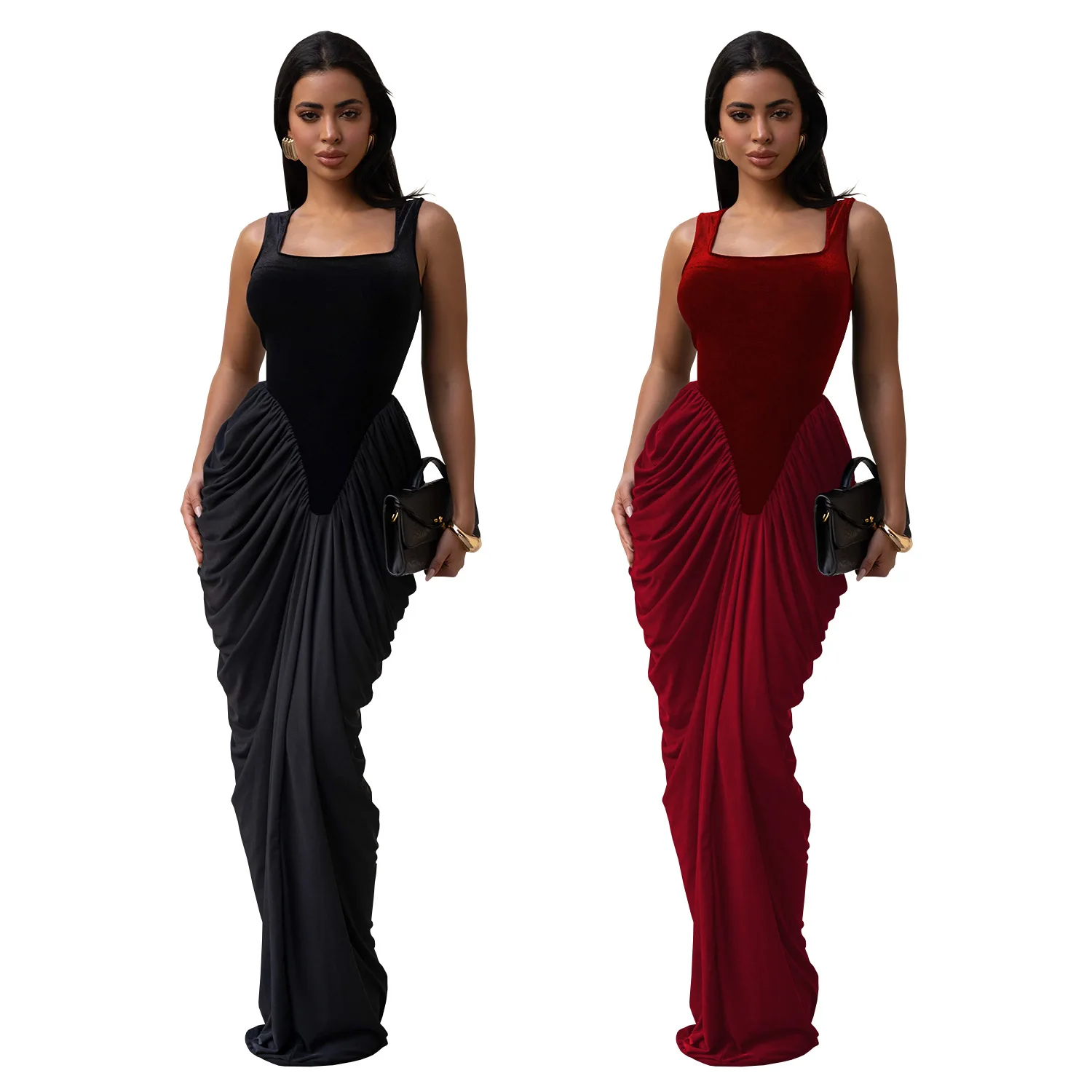 GLCMYAYA Women Velvet Stacked Ruched Sleeveless Bodycon Long Maxi Dresses 2026 Fall Party Trendy Birthday Evening Dress Vestidos