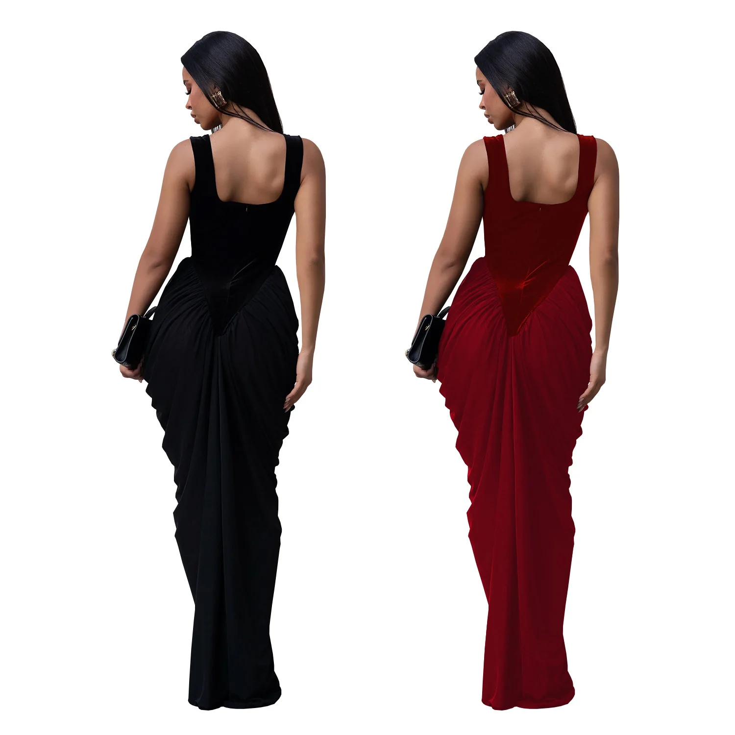 GLCMYAYA Women Velvet Stacked Ruched Sleeveless Bodycon Long Maxi Dresses 2026 Fall Party Trendy Birthday Evening Dress Vestidos