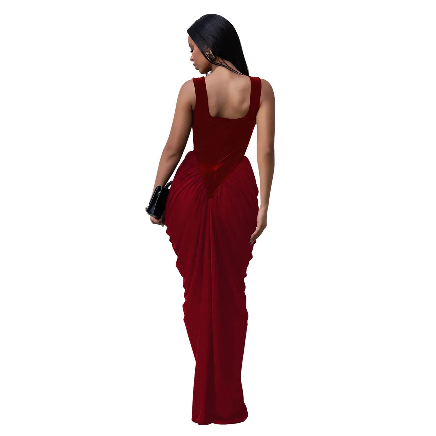 GLCMYAYA Women Velvet Stacked Ruched Sleeveless Bodycon Long Maxi Dresses 2026 Fall Party Trendy Birthday Evening Dress Vestidos