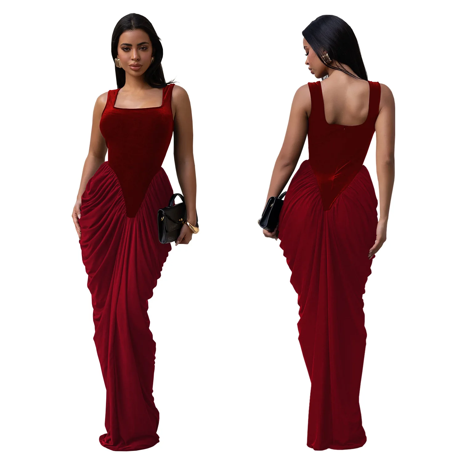 GLCMYAYA Women Velvet Stacked Ruched Sleeveless Bodycon Long Maxi Dresses 2026 Fall Party Trendy Birthday Evening Dress Vestidos
