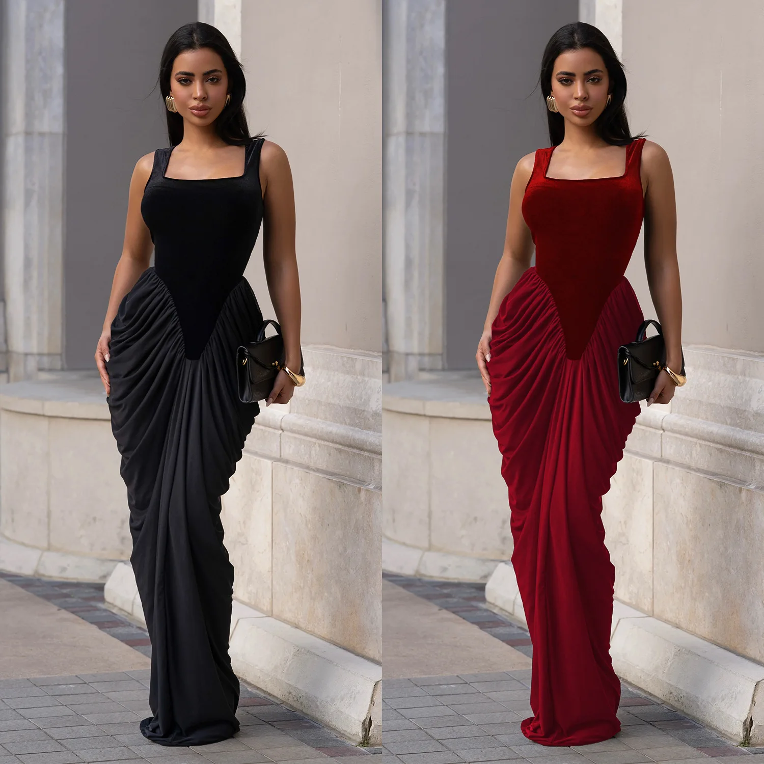 GLCMYAYA Women Velvet Stacked Ruched Sleeveless Bodycon Long Maxi Dresses 2026 Fall Party Trendy Birthday Evening Dress Vestidos