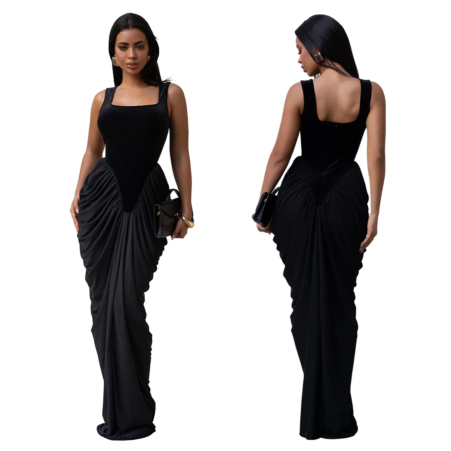 GLCMYAYA Women Velvet Stacked Ruched Sleeveless Bodycon Long Maxi Dresses 2026 Fall Party Trendy Birthday Evening Dress Vestidos