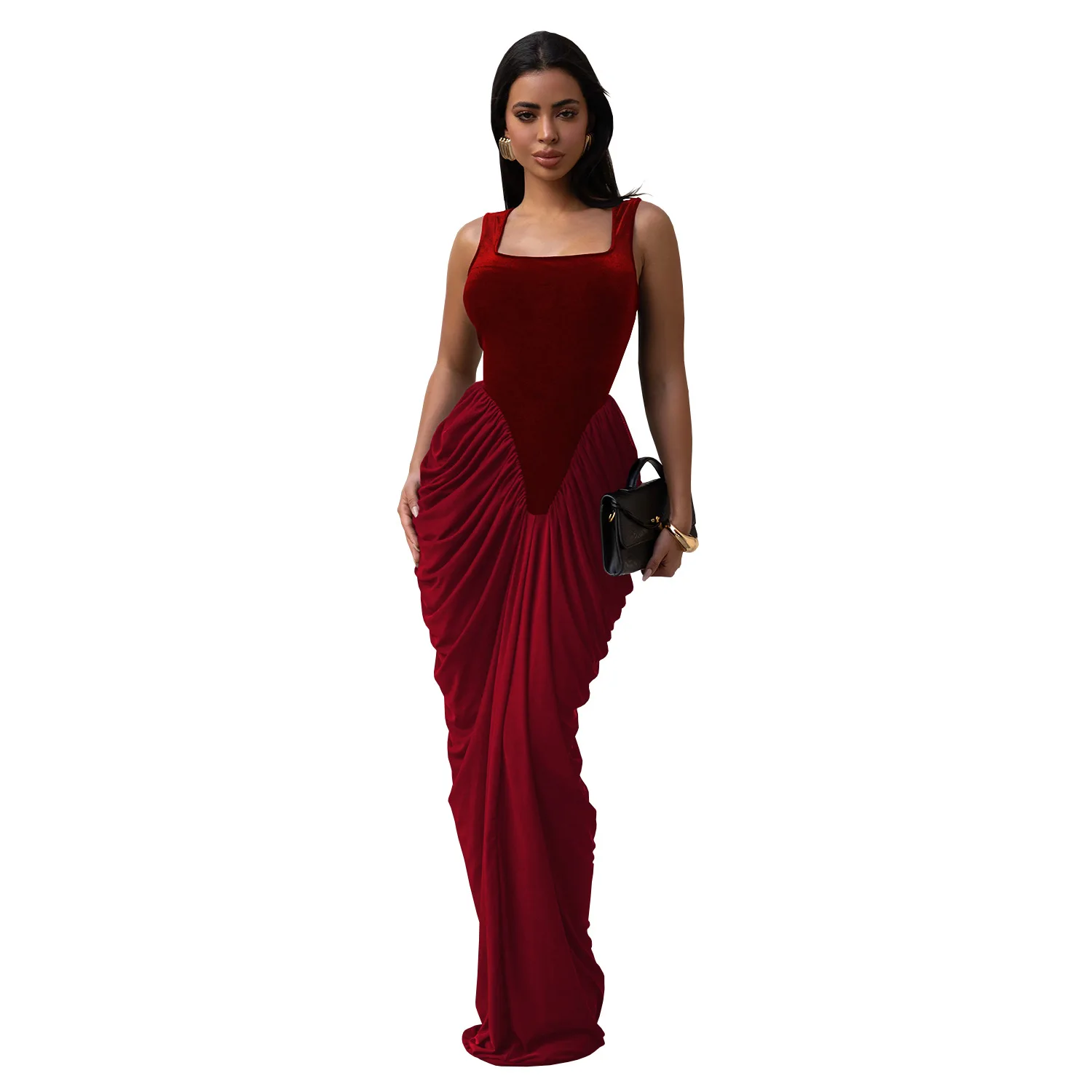 GLCMYAYA Women Velvet Stacked Ruched Sleeveless Bodycon Long Maxi Dresses 2026 Fall Party Trendy Birthday Evening Dress Vestidos