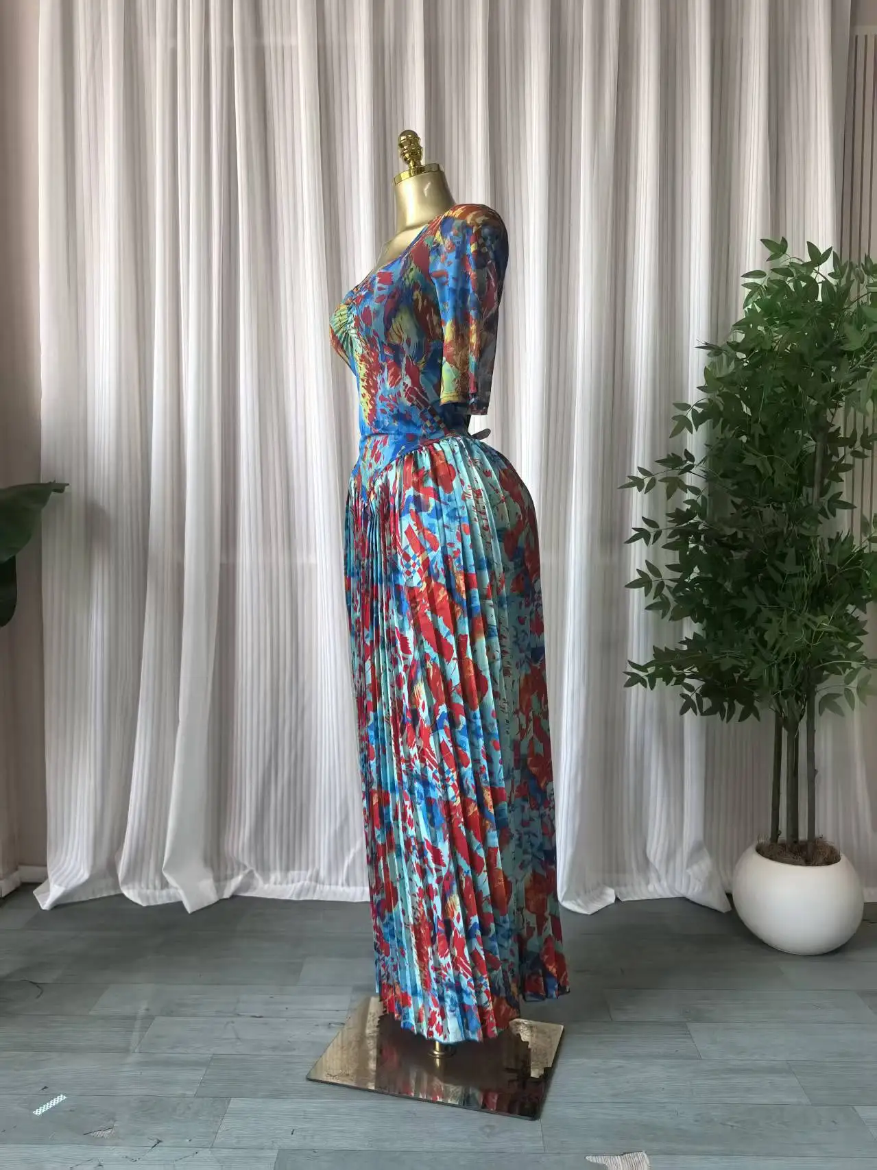 CM.YAYA Women Tie Dye Print Short Sleeve Pleated A-line Maxi Dress 2026 INS Street Holiday Vacation Beach Long Dresses Vestidos