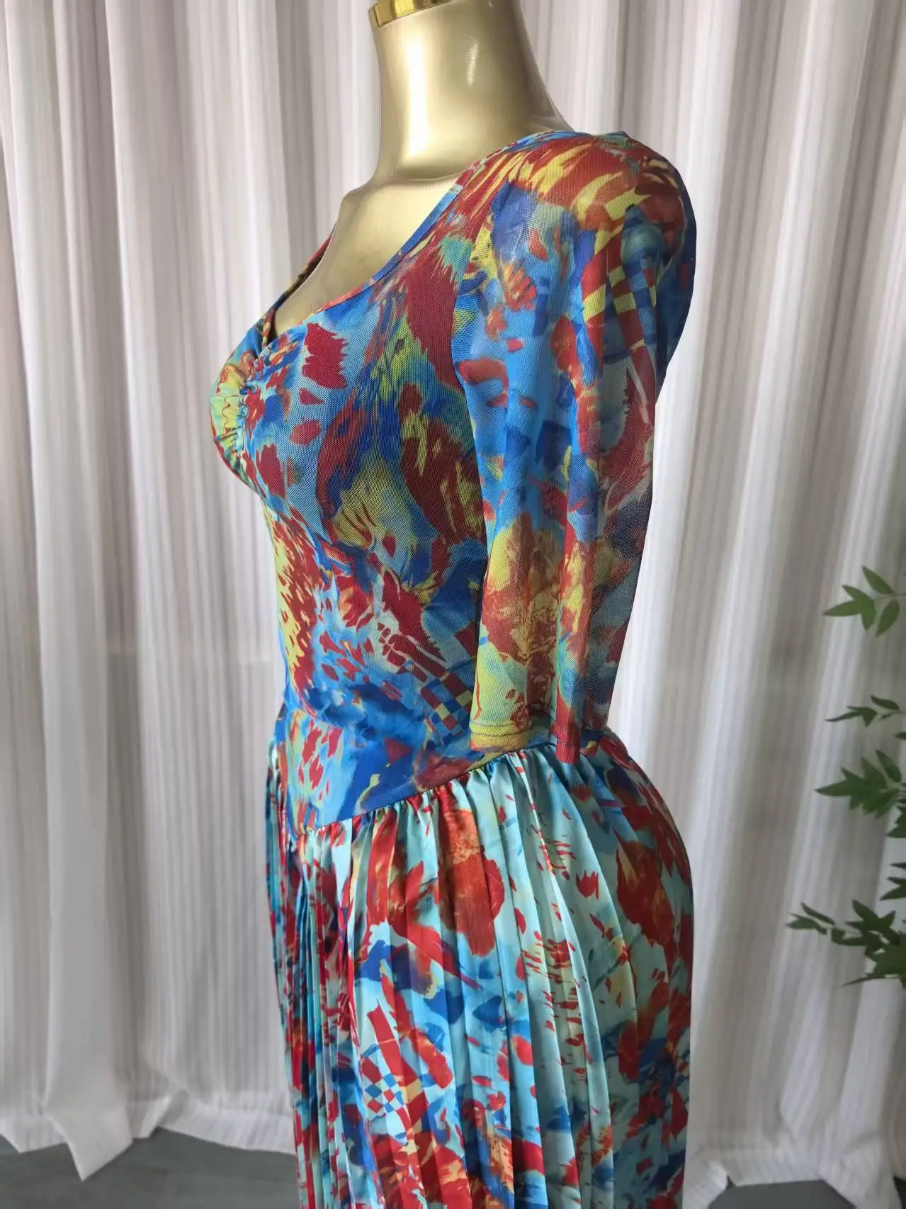 CM.YAYA Women Tie Dye Print Short Sleeve Pleated A-line Maxi Dress 2026 INS Street Holiday Vacation Beach Long Dresses Vestidos