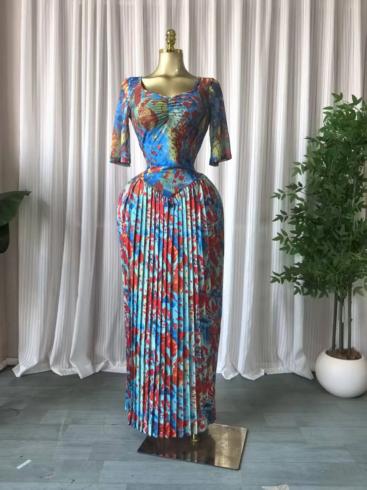 CM.YAYA Women Tie Dye Print Short Sleeve Pleated A-line Maxi Dress 2026 INS Street Holiday Vacation Beach Long Dresses Vestidos CM.YAYA Women Tie Dye Print Short Sleeve Pleated A-line Maxi Dress 2026 INS Street Holiday Vacation Beach Long Dresses Vestidos