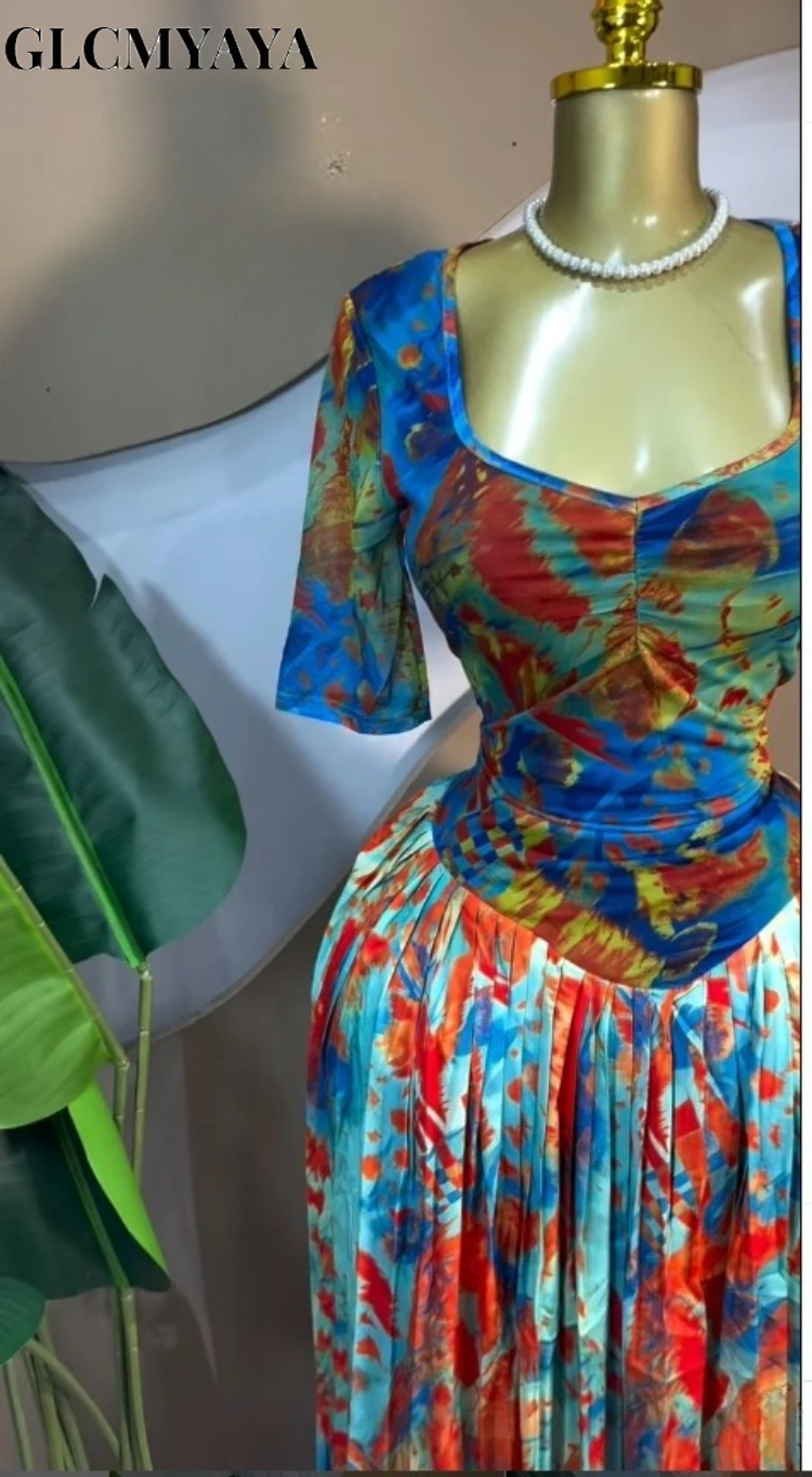 CM.YAYA Women Tie Dye Print Short Sleeve Pleated A-line Maxi Dress 2026 INS Street Holiday Vacation Beach Long Dresses Vestidos