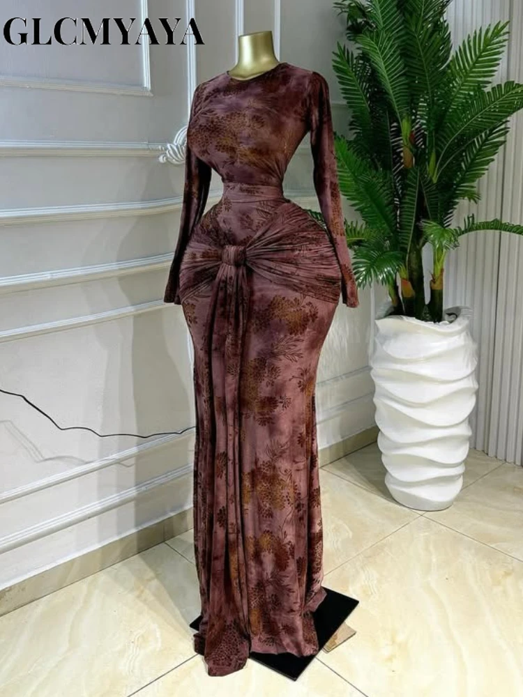 CM.YAYA Women Print O-neck Stacked Ruched Bowknot Streamer Mermaid Maxi Midi Dress 2026 Cocktail Birthday Holiday Party Dresses