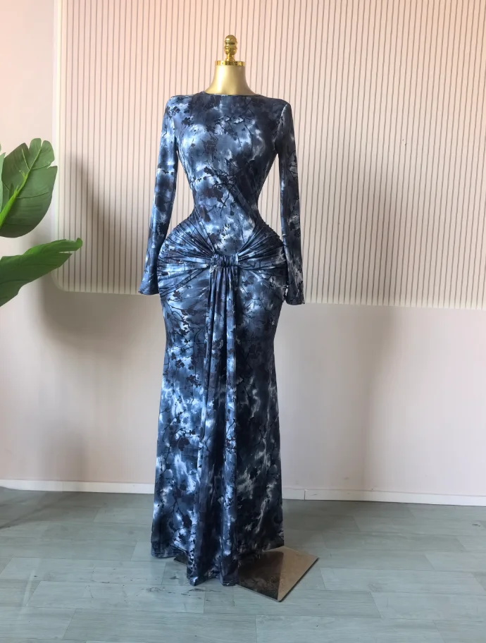 CM.YAYA Women Print O-neck Stacked Ruched Bowknot Streamer Mermaid Maxi Midi Dress 2026 Cocktail Birthday Holiday Party Dresses