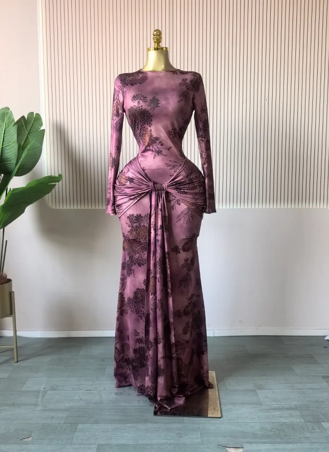 CM.YAYA Women Print O-neck Stacked Ruched Bowknot Streamer Mermaid Maxi Midi Dress 2026 Cocktail Birthday Holiday Party Dresses