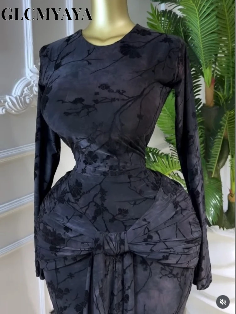 CM.YAYA Women Print O-neck Stacked Ruched Bowknot Streamer Mermaid Maxi Midi Dress 2026 Cocktail Birthday Holiday Party Dresses