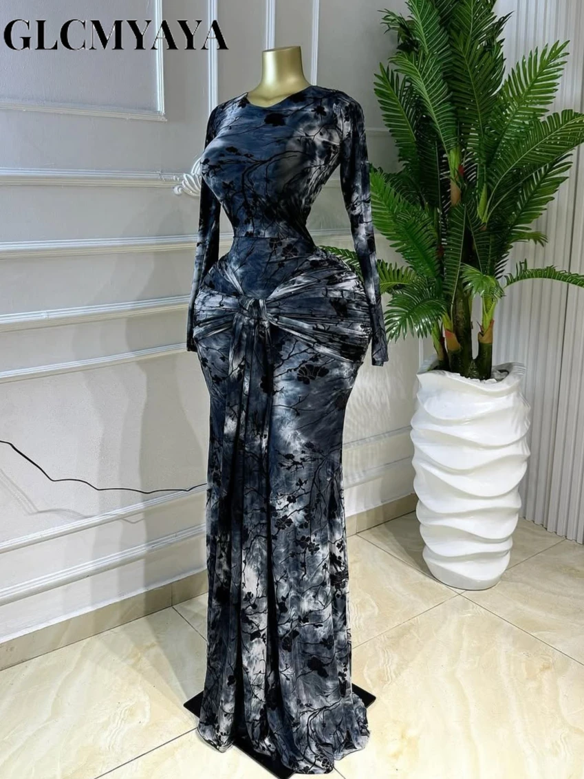 CM.YAYA Women Print O-neck Stacked Ruched Bowknot Streamer Mermaid Maxi Midi Dress 2026 Cocktail Birthday Holiday Party Dresses