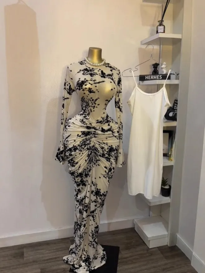 CM.YAYA Women Flare Long Sleeve Stacked Dot Mesh See Though with Lining Maxi Long Dress 2025 Evening Birthday Sexy Party Dresses CM.YAYA Women Flare Long Sleeve Stacked Dot Mesh See Though with Lining Maxi Long Dress 2025 Evening Birthday Sexy Party Dresses