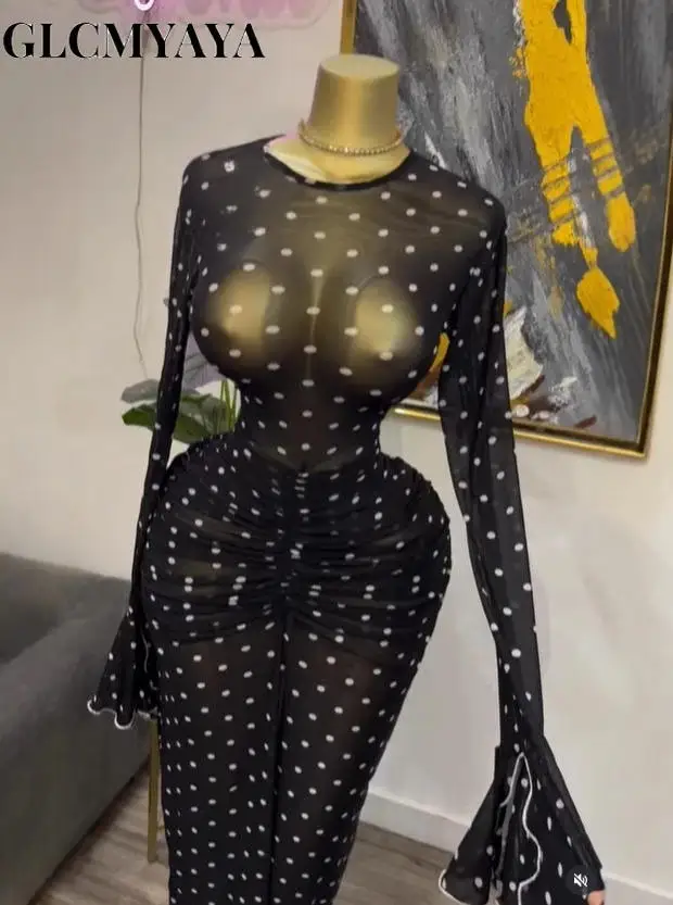 CM.YAYA Women Flare Long Sleeve Stacked Dot Mesh See Though with Lining Maxi Long Dress 2025 Evening Birthday Sexy Party Dresses CM.YAYA Women Flare Long Sleeve Stacked Dot Mesh See Though with Lining Maxi Long Dress 2025 Evening Birthday Sexy Party Dresses