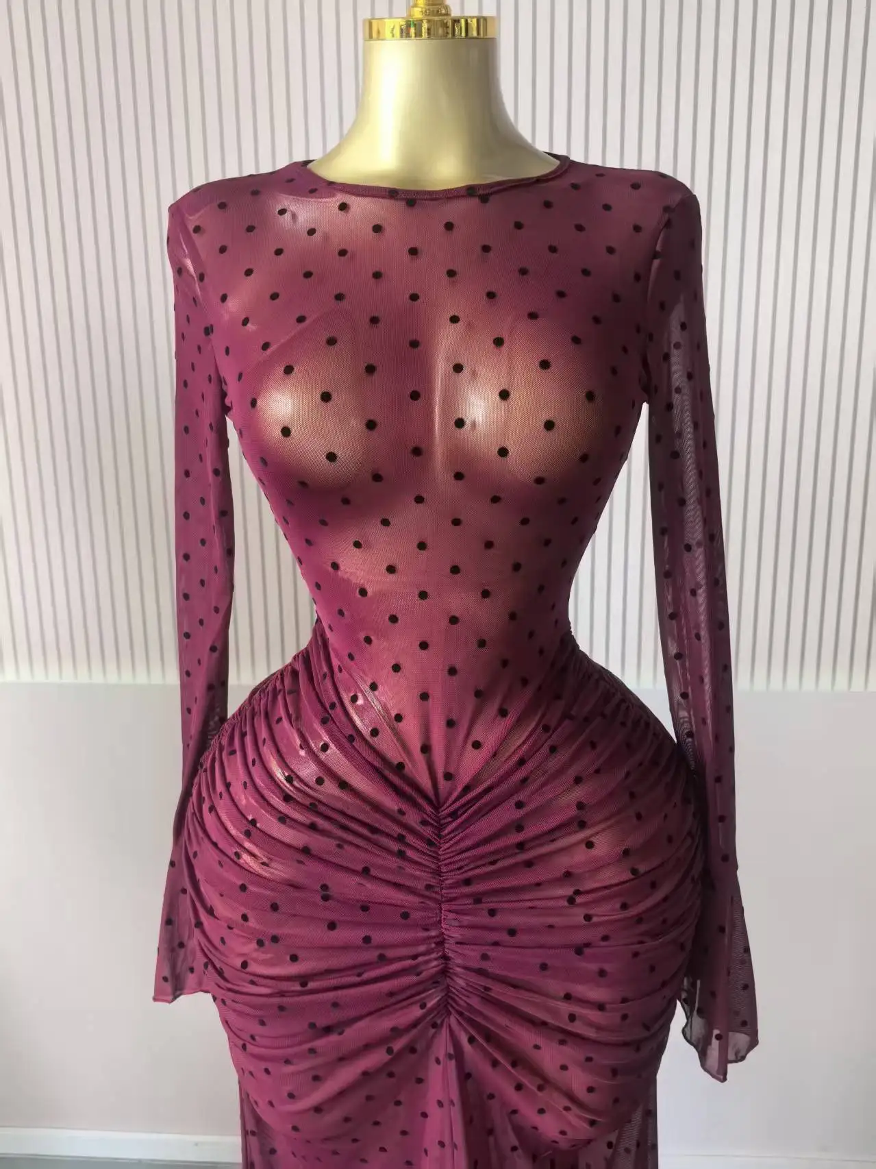 CM.YAYA Women Flare Long Sleeve Stacked Dot Mesh See Though with Lining Maxi Long Dress 2025 Evening Birthday Sexy Party Dresses CM.YAYA Women Flare Long Sleeve Stacked Dot Mesh See Though with Lining Maxi Long Dress 2025 Evening Birthday Sexy Party Dresses