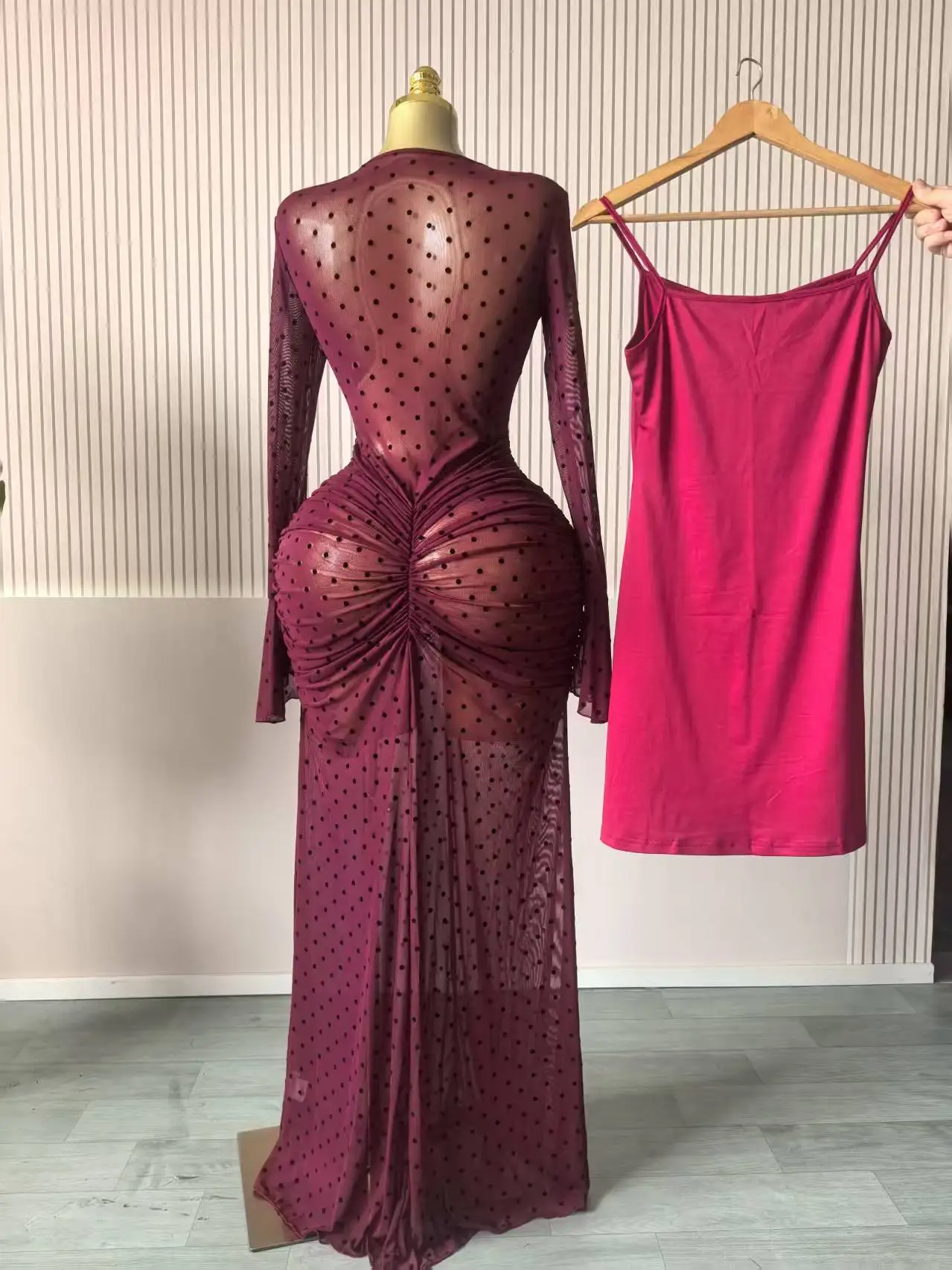 CM.YAYA Women Flare Long Sleeve Stacked Dot Mesh See Though with Lining Maxi Long Dress 2025 Evening Birthday Sexy Party Dresses CM.YAYA Women Flare Long Sleeve Stacked Dot Mesh See Though with Lining Maxi Long Dress 2025 Evening Birthday Sexy Party Dresses