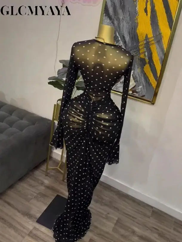 CM.YAYA Women Flare Long Sleeve Stacked Dot Mesh See Though with Lining Maxi Long Dress 2025 Evening Birthday Sexy Party Dresses CM.YAYA Women Flare Long Sleeve Stacked Dot Mesh See Though with Lining Maxi Long Dress 2025 Evening Birthday Sexy Party Dresses