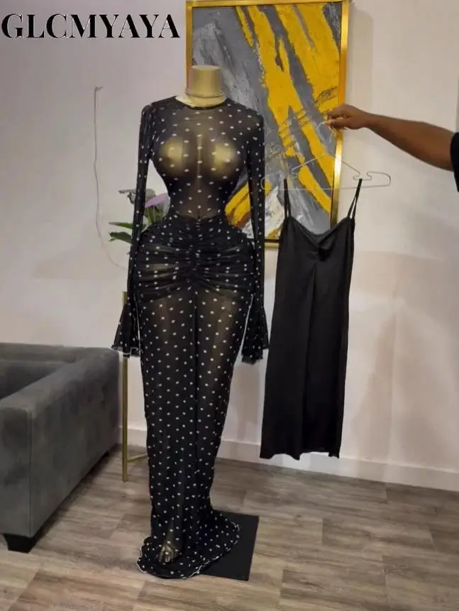 CM.YAYA Women Flare Long Sleeve Stacked Dot Mesh See Though with Lining Maxi Long Dress 2025 Evening Birthday Sexy Party Dresses CM.YAYA Women Flare Long Sleeve Stacked Dot Mesh See Though with Lining Maxi Long Dress 2025 Evening Birthday Sexy Party Dresses
