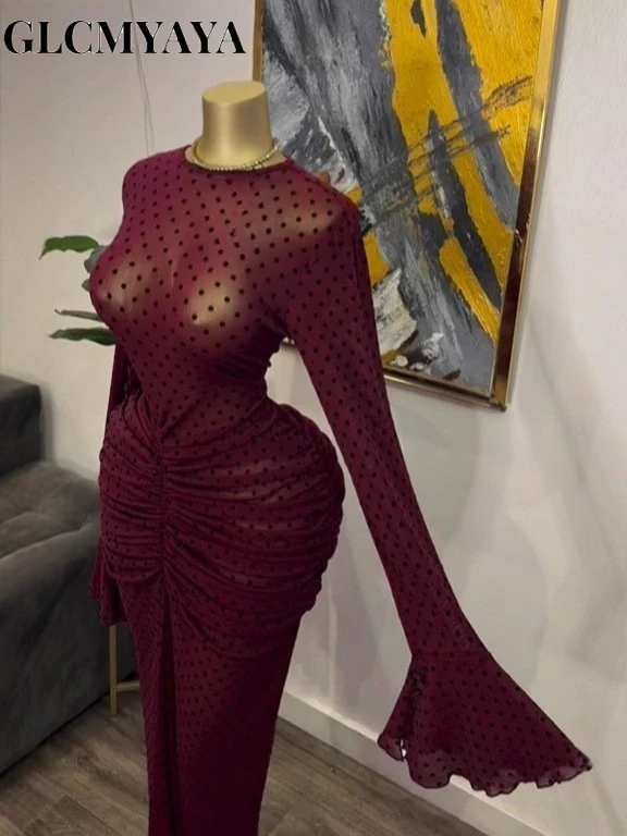 CM.YAYA Women Flare Long Sleeve Stacked Dot Mesh See Though with Lining Maxi Long Dress 2025 Evening Birthday Sexy Party Dresses CM.YAYA Women Flare Long Sleeve Stacked Dot Mesh See Though with Lining Maxi Long Dress 2025 Evening Birthday Sexy Party Dresses