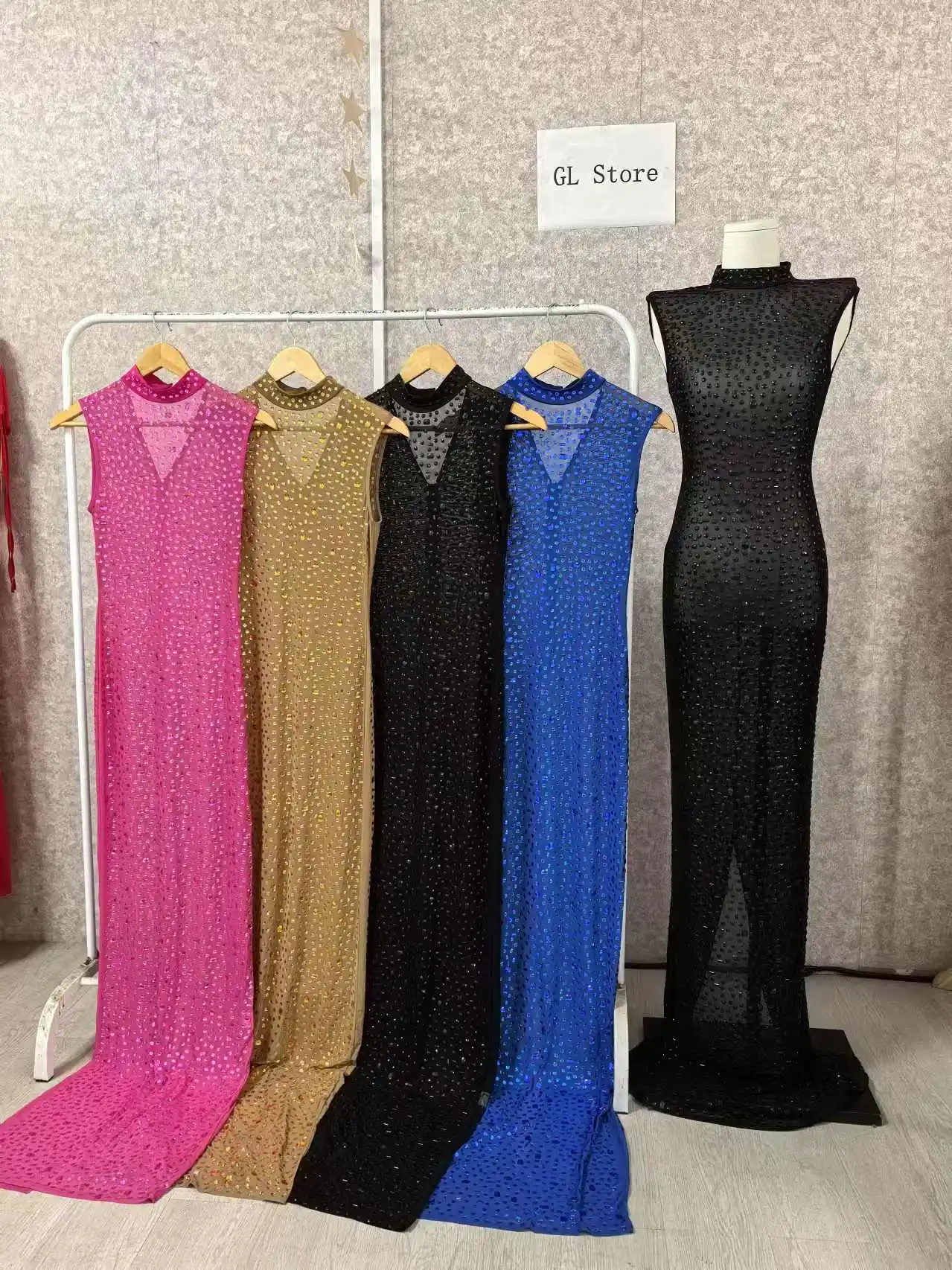 CM.YAYA 2024 Fall Diamonds Hot Rhinestones O-neck Women Sleeveless Bodycon Long Dress Birthday Party Evening Prom Maxi Dresses