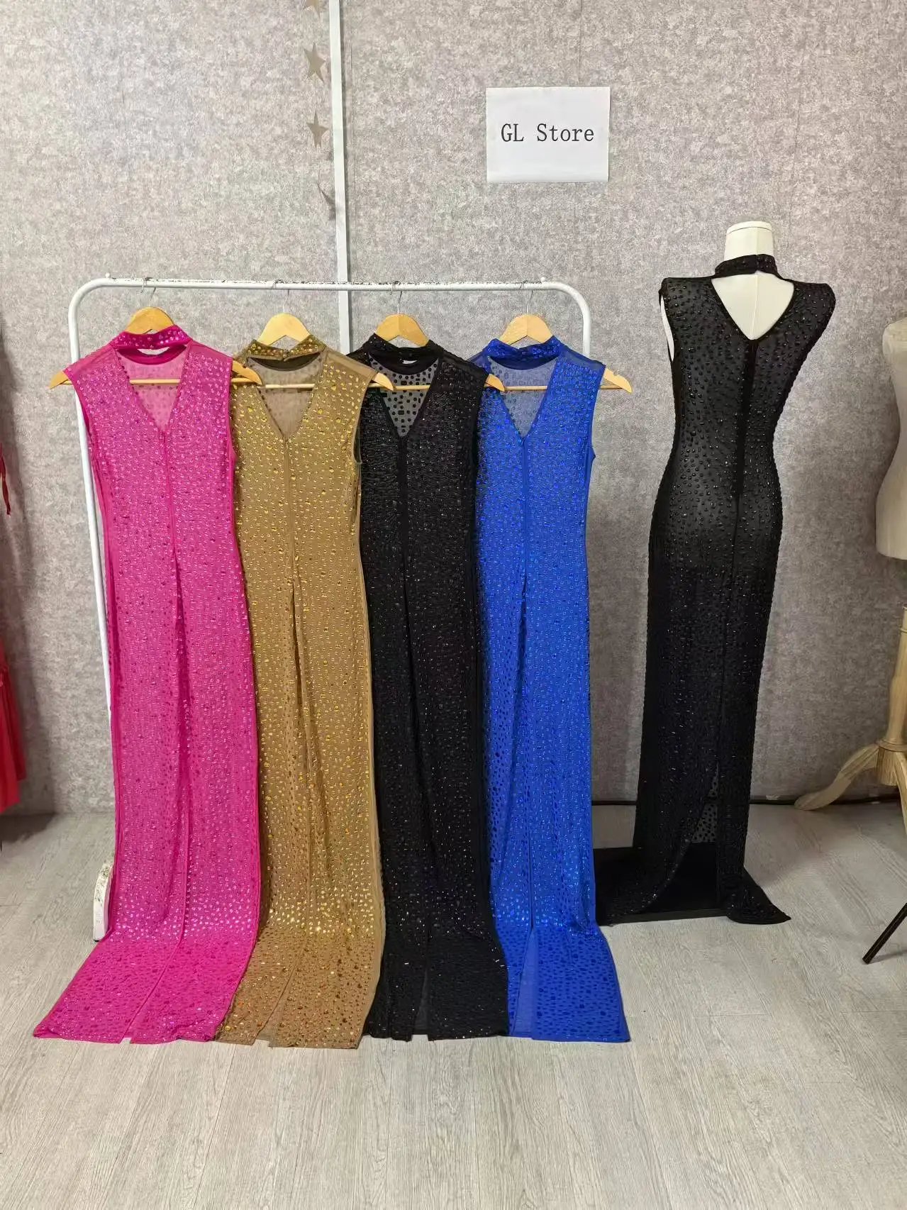 CM.YAYA 2024 Fall Diamonds Hot Rhinestones O-neck Women Sleeveless Bodycon Long Dress Birthday Party Evening Prom Maxi Dresses