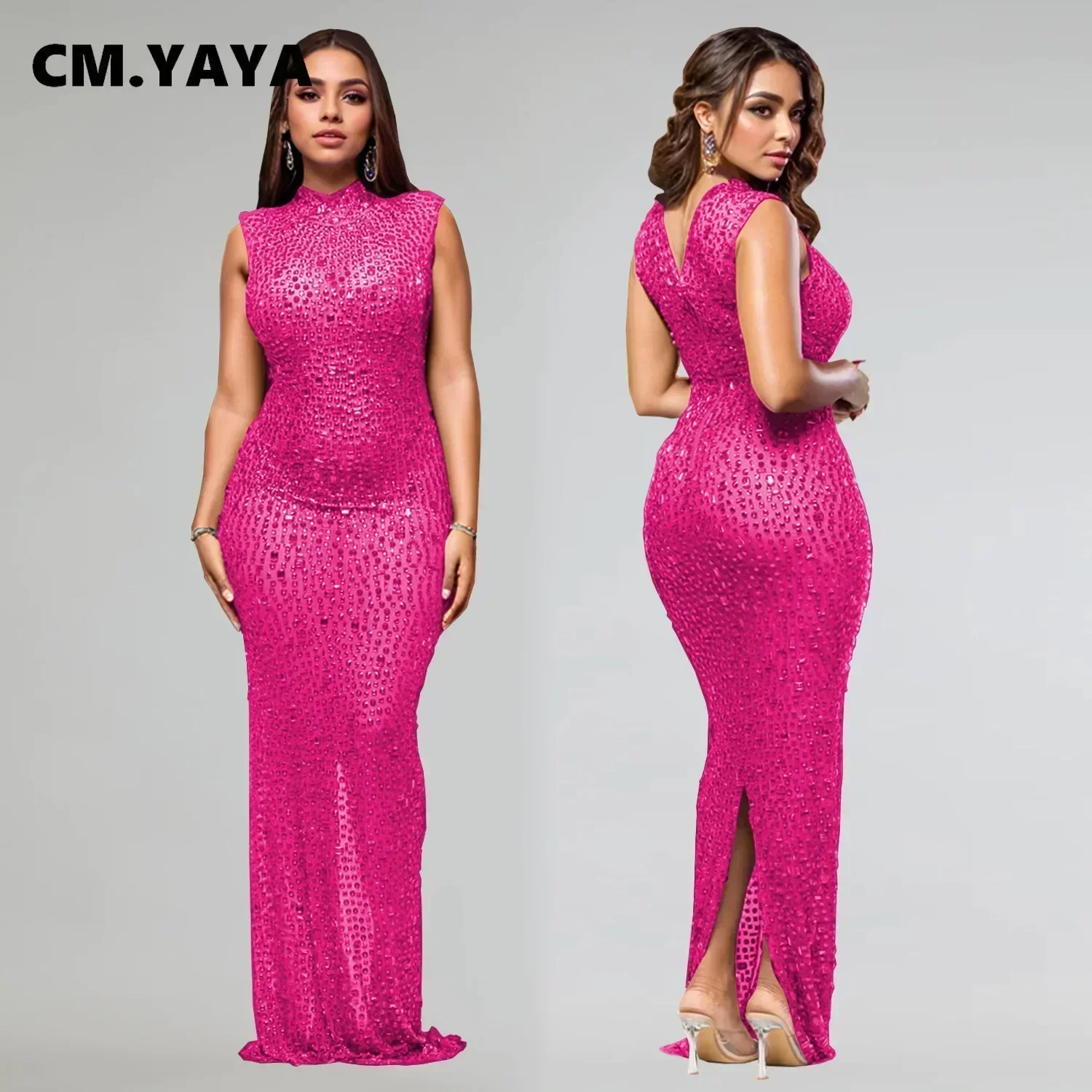 CM.YAYA 2024 Fall Diamonds Hot Rhinestones O-neck Women Sleeveless Bodycon Long Dress Birthday Party Evening Prom Maxi Dresses CM.YAYA 2024 Fall Diamonds Hot Rhinestones O-neck Women Sleeveless Bodycon Long Dress Birthday Party Evening Prom Maxi Dresses