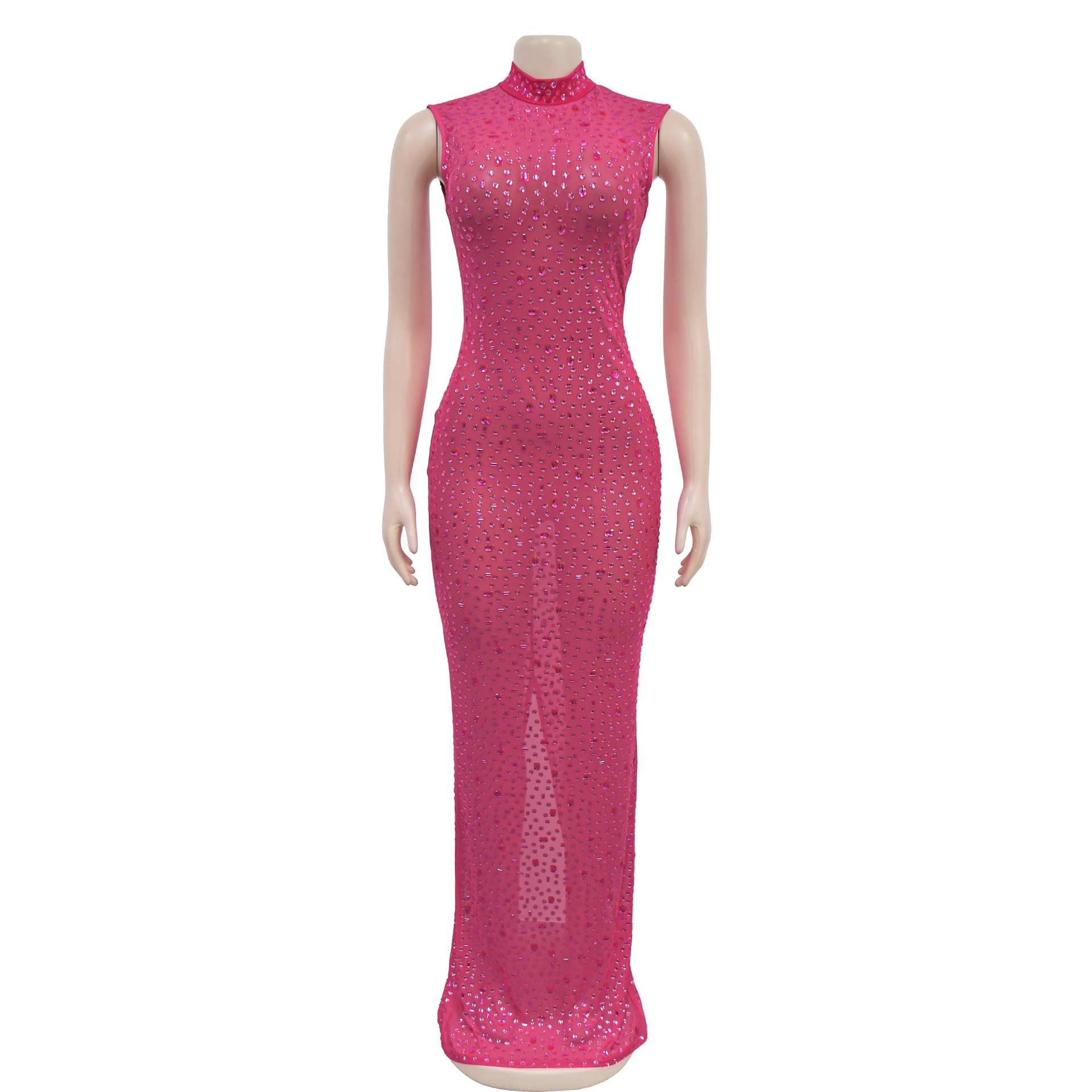 CM.YAYA 2024 Fall Diamonds Hot Rhinestones O-neck Women Sleeveless Bodycon Long Dress Birthday Party Evening Prom Maxi Dresses