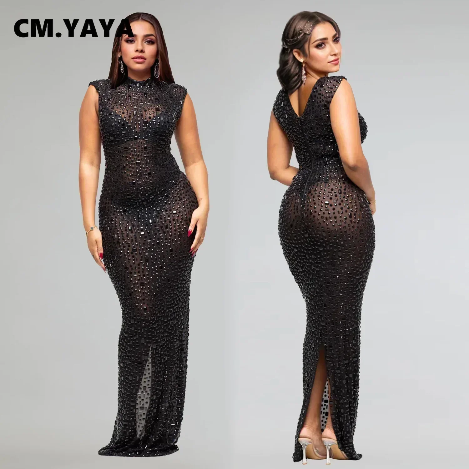CM.YAYA 2024 Fall Diamonds Hot Rhinestones O-neck Women Sleeveless Bodycon Long Dress Birthday Party Evening Prom Maxi Dresses CM.YAYA 2024 Fall Diamonds Hot Rhinestones O-neck Women Sleeveless Bodycon Long Dress Birthday Party Evening Prom Maxi Dresses
