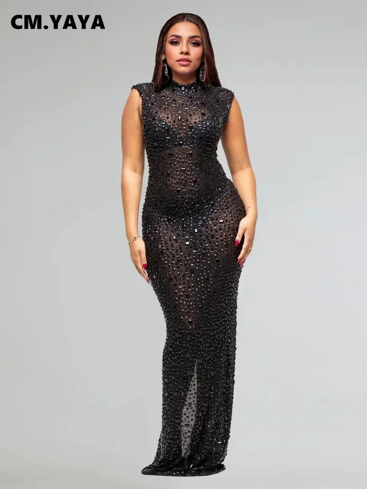 CM.YAYA 2024 Fall Diamonds Hot Rhinestones O-neck Women Sleeveless Bodycon Long Dress Birthday Party Evening Prom Maxi Dresses CM.YAYA 2024 Fall Diamonds Hot Rhinestones O-neck Women Sleeveless Bodycon Long Dress Birthday Party Evening Prom Maxi Dresses