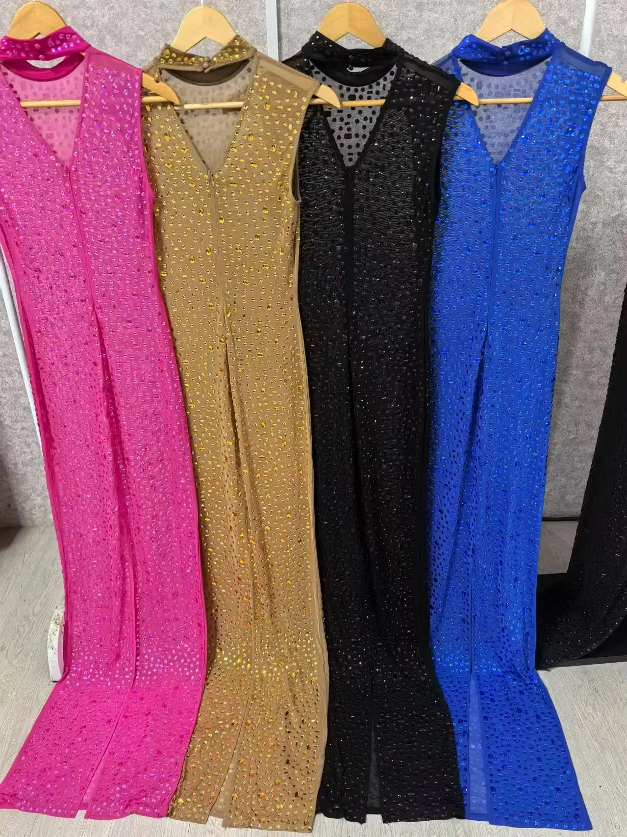 CM.YAYA 2024 Fall Diamonds Hot Rhinestones O-neck Women Sleeveless Bodycon Long Dress Birthday Party Evening Prom Maxi Dresses