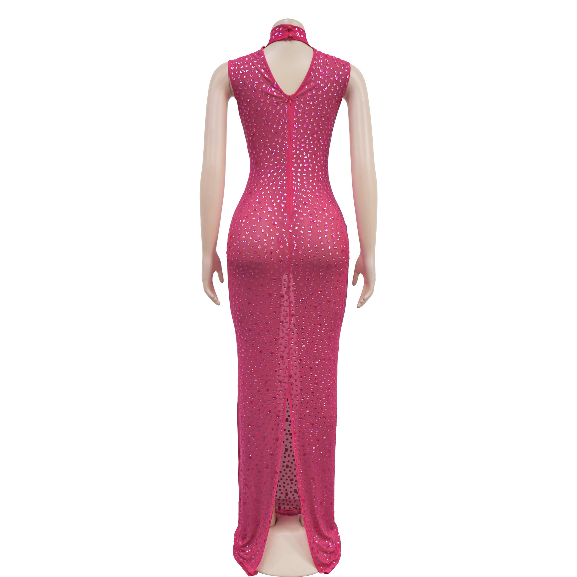 CM.YAYA 2024 Fall Diamonds Hot Rhinestones O-neck Women Sleeveless Bodycon Long Dress Birthday Party Evening Prom Maxi Dresses