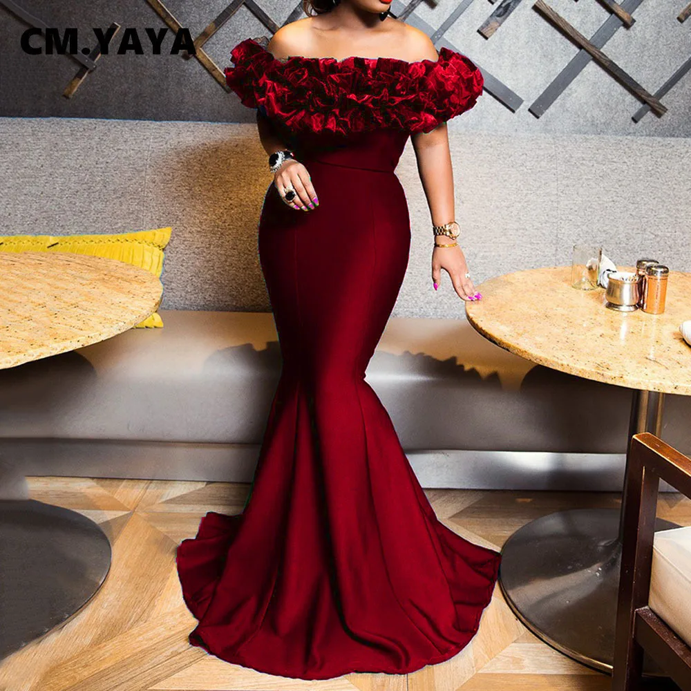 CM.YAYA Winter Women Slash Neck Sleeveless Ruffles Empire Dress Sexy Evening Party Night Mermaid Maxi Long Bandage Dresses CM.YAYA Winter Women Slash Neck Sleeveless Ruffles Empire Dress Sexy Evening Party Night Mermaid Maxi Long Bandage Dresses