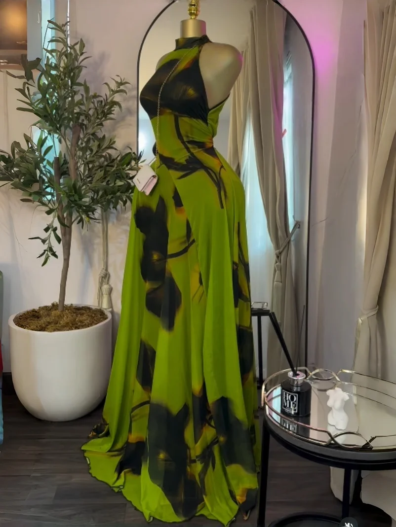 GLCMYAYA 2025 Fall Women O-neck Sleeveless Print Mermaid Maxi Dress Evening Birthday Beach Sexy Night Party Long Dresses