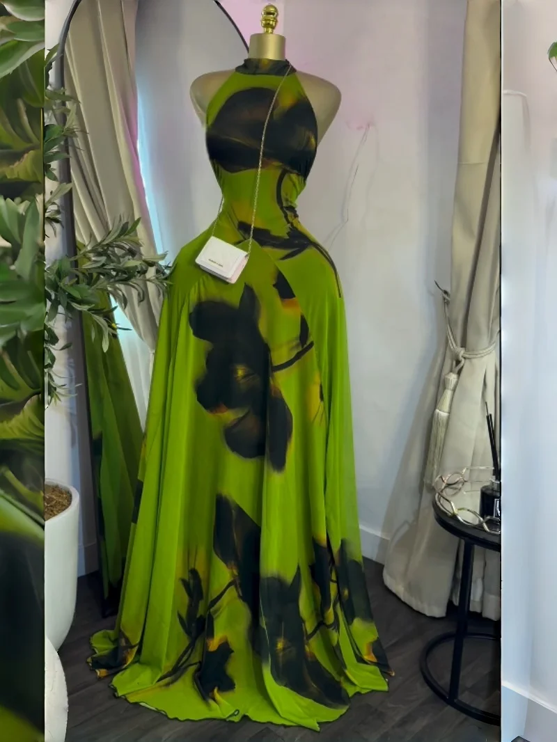 GLCMYAYA 2025 Fall Women O-neck Sleeveless Print Mermaid Maxi Dress Evening Birthday Beach Sexy Night Party Long Dresses