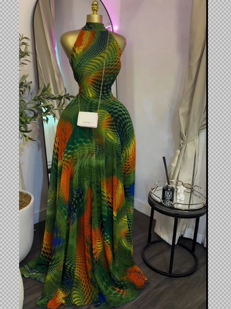 GLCMYAYA 2025 Fall Women O-neck Sleeveless Print Mermaid Maxi Dress Evening Birthday Beach Sexy Night Party Long Dresses