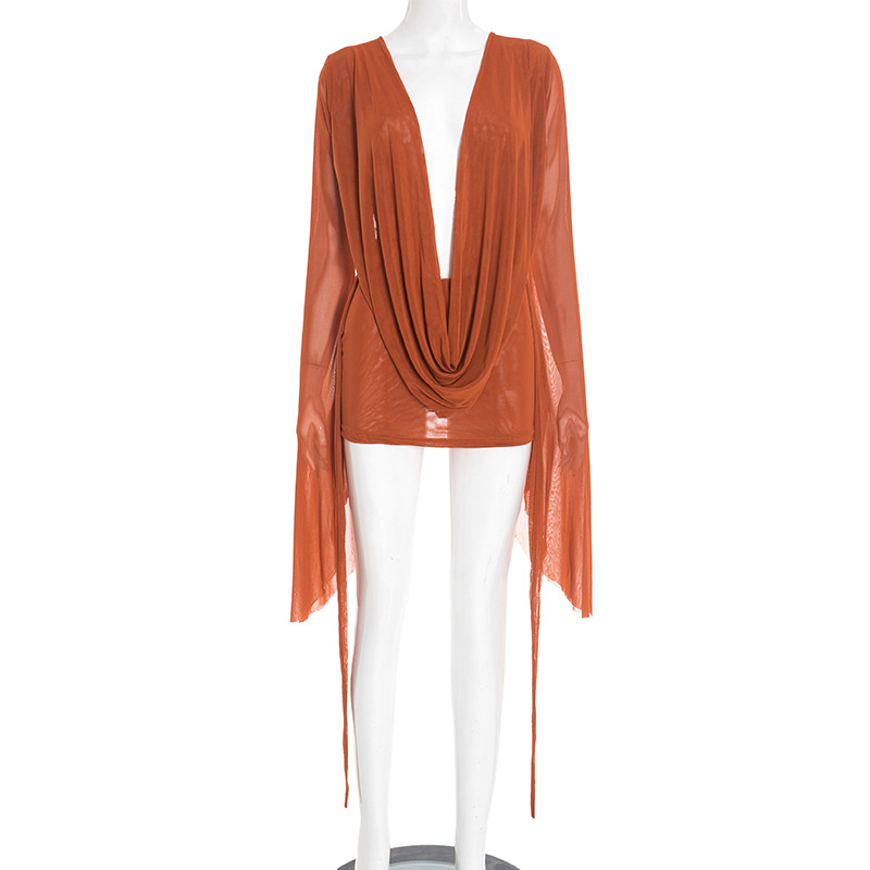 CM.YAYA Women Pile Collar Backless Clock Long Sleeve Mesh Bodycon Midi Mini Dress 2026 Party Holiday Dresses Trendy Vestidos CM.YAYA Women Pile Collar Backless Clock Long Sleeve Mesh Bodycon Midi Mini Dress 2026 Party Holiday Dresses Trendy Vestidos