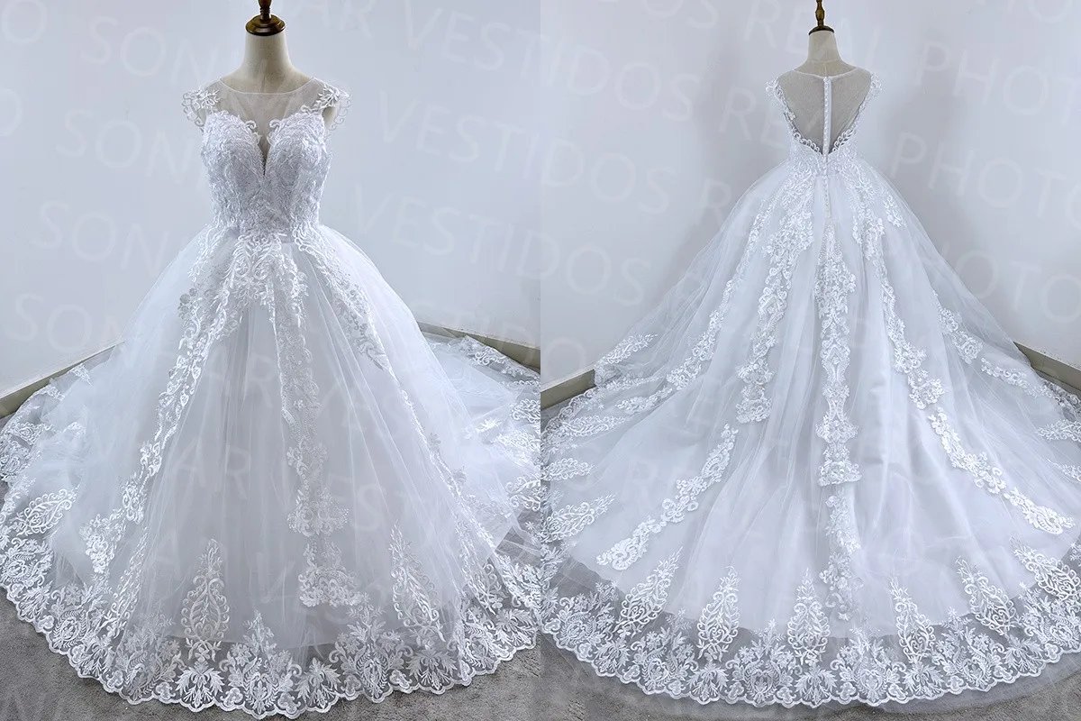 Brides Wedding Dress V-neck Luxury Lace Wedding Gown With Train Classic Ball Gown Plus Size Customized Vestido De Noiva
