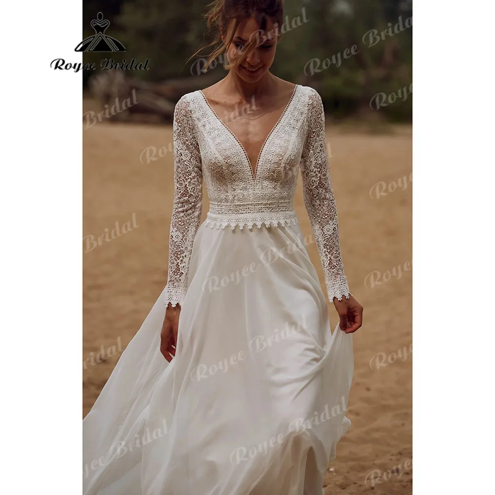 Long Sleeve Lace V Neck Backless Wedding Dress Women 2026 Elopement Beach Bohemian Bridal Gown vestido de casamento Customized 