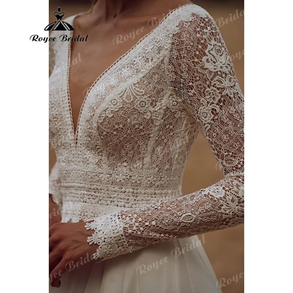 Long Sleeve Lace V Neck Backless Wedding Dress Women 2026 Elopement Beach Bohemian Bridal Gown vestido de casamento Customized 