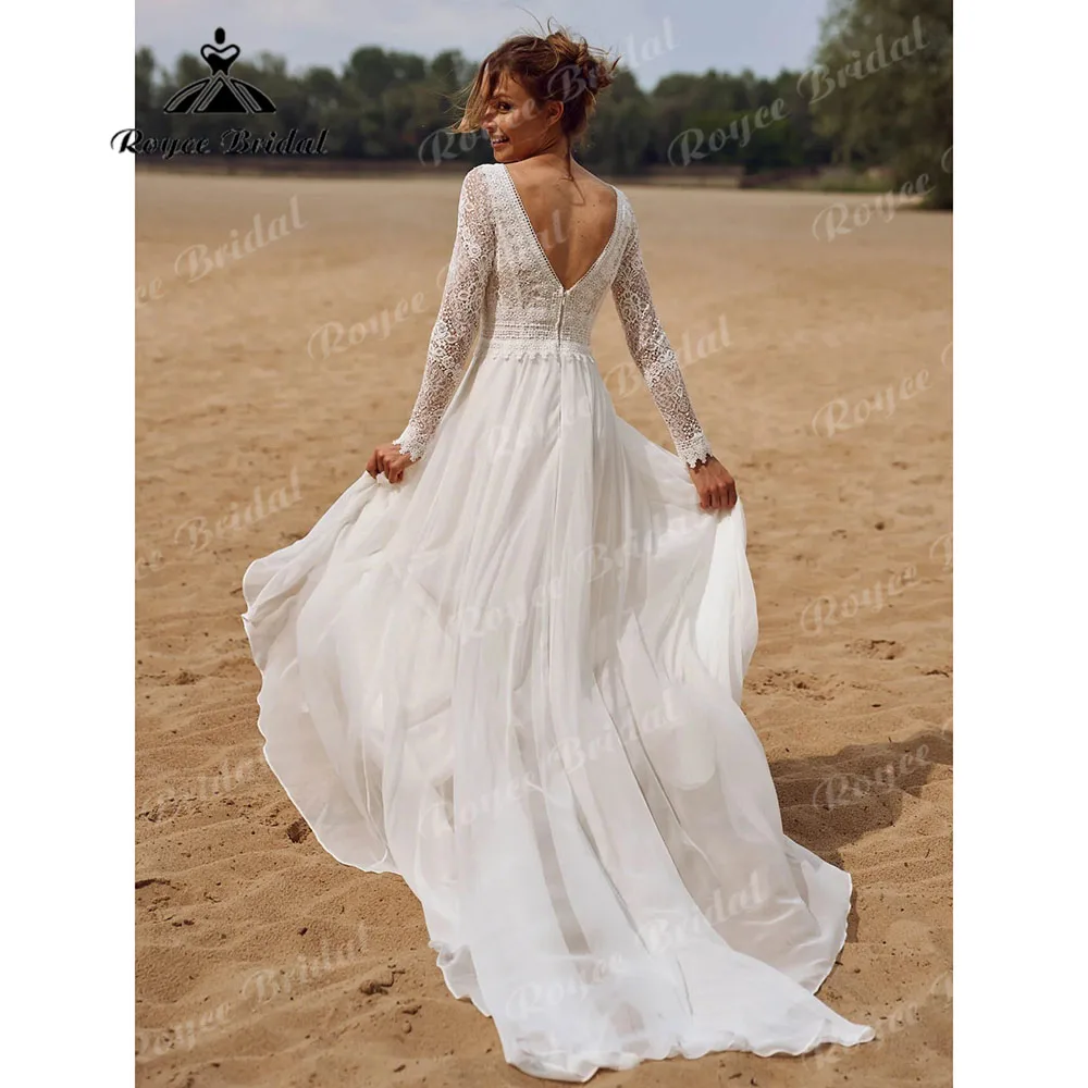 Long Sleeve Lace V Neck Backless Wedding Dress Women 2026 Elopement Beach Bohemian Bridal Gown vestido de casamento Customized 