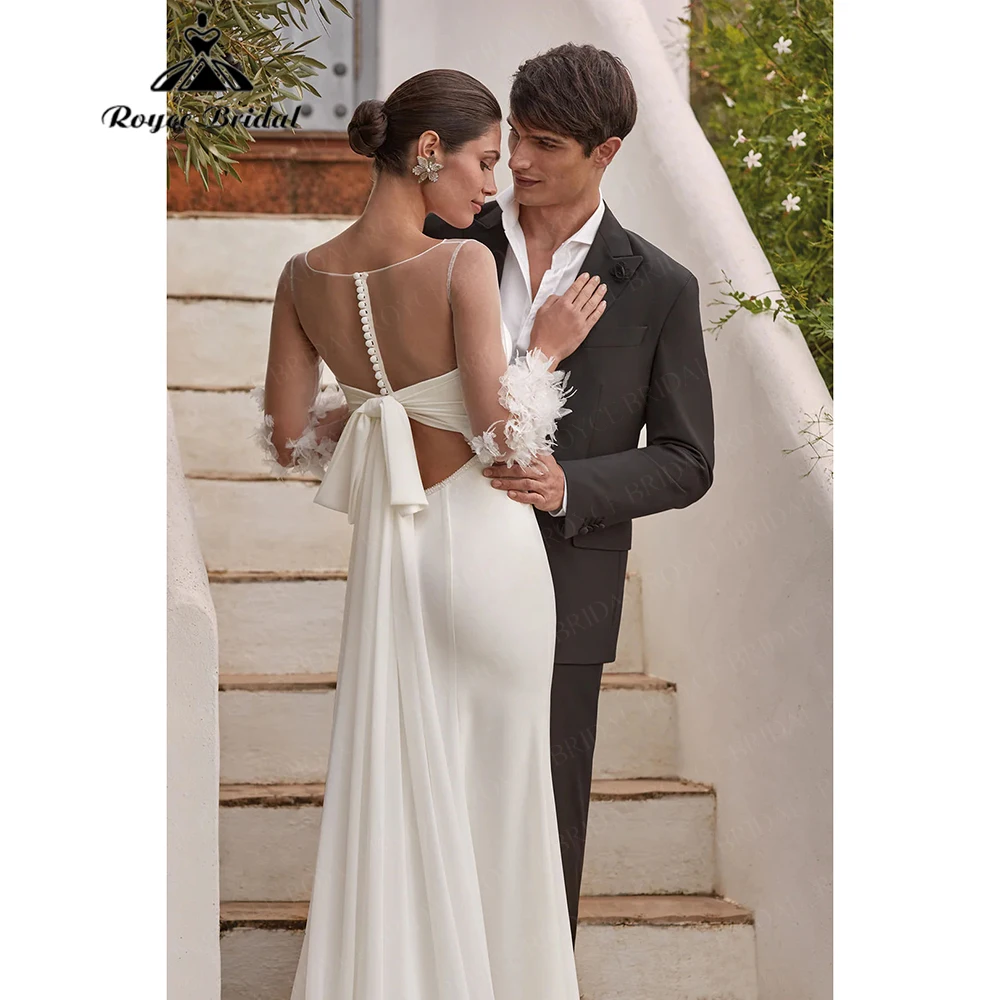 Modern Minimalist Satin Wedding Dress 2026 Long Sleeve Mermaid Backless Beaded Brides Gown robe de mariée fourreau Customized